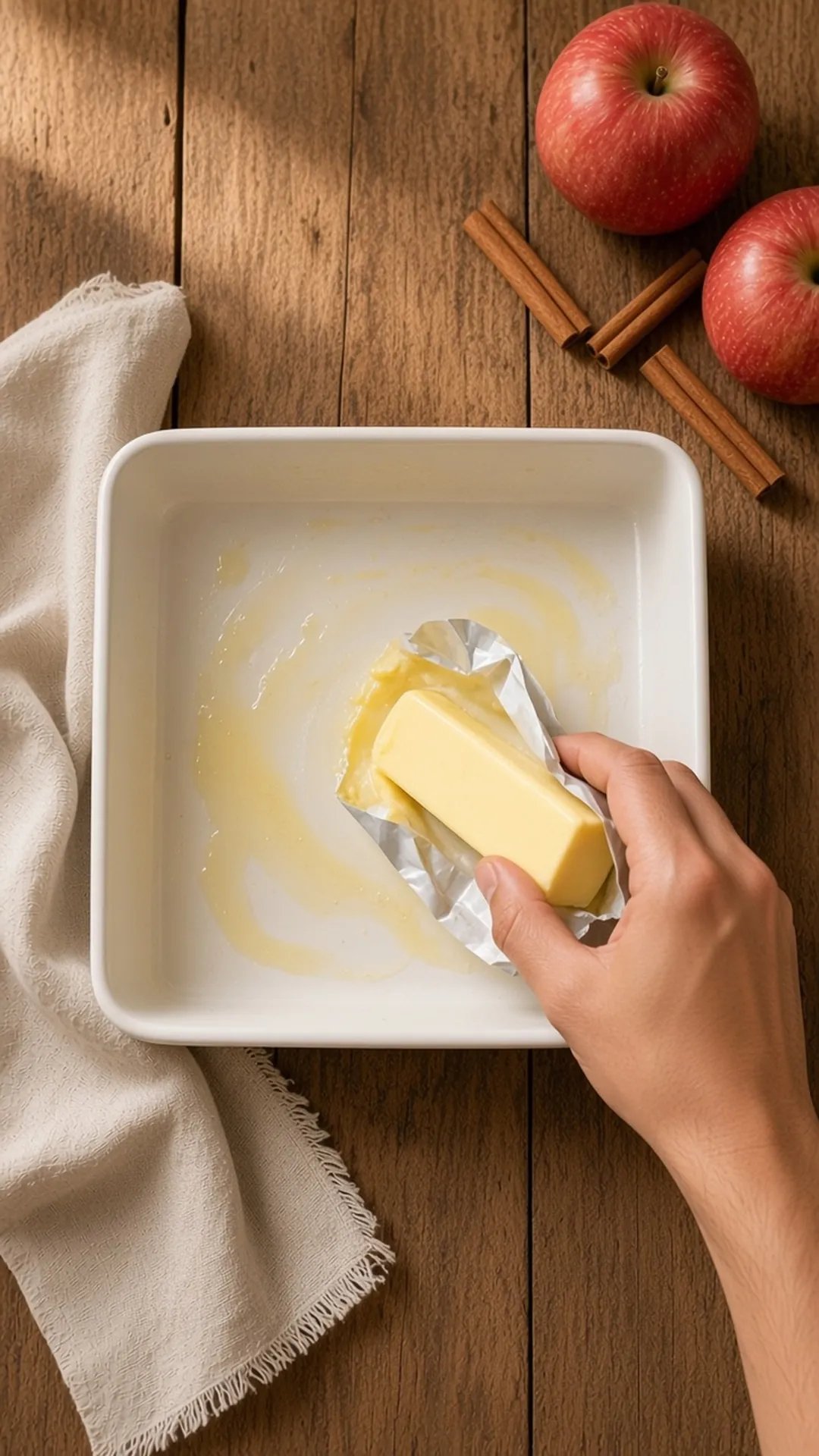 Greasing an empty white baking dish with butter