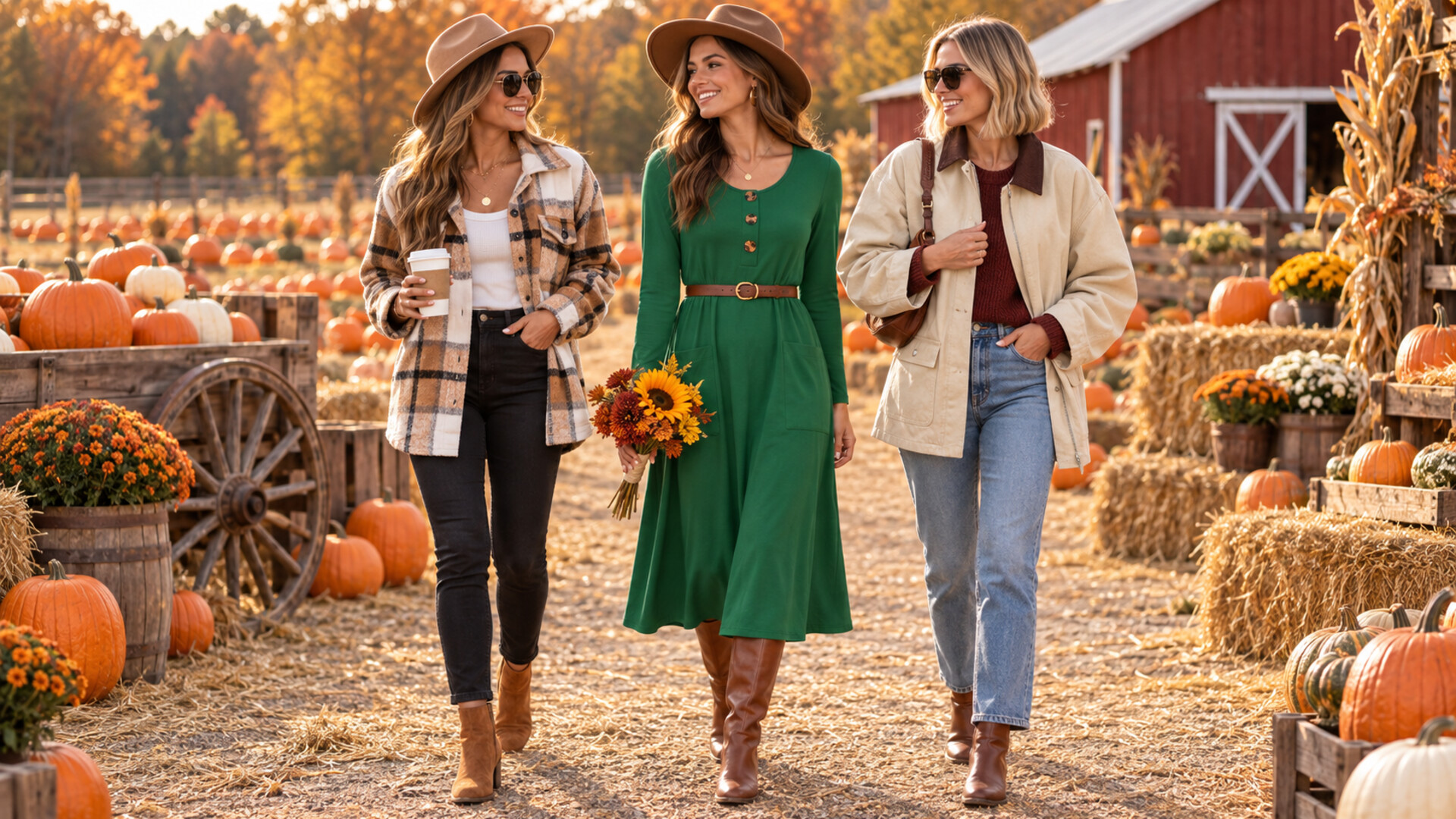 Three women wearing cute fall outfits while walking through a pumpkin patch