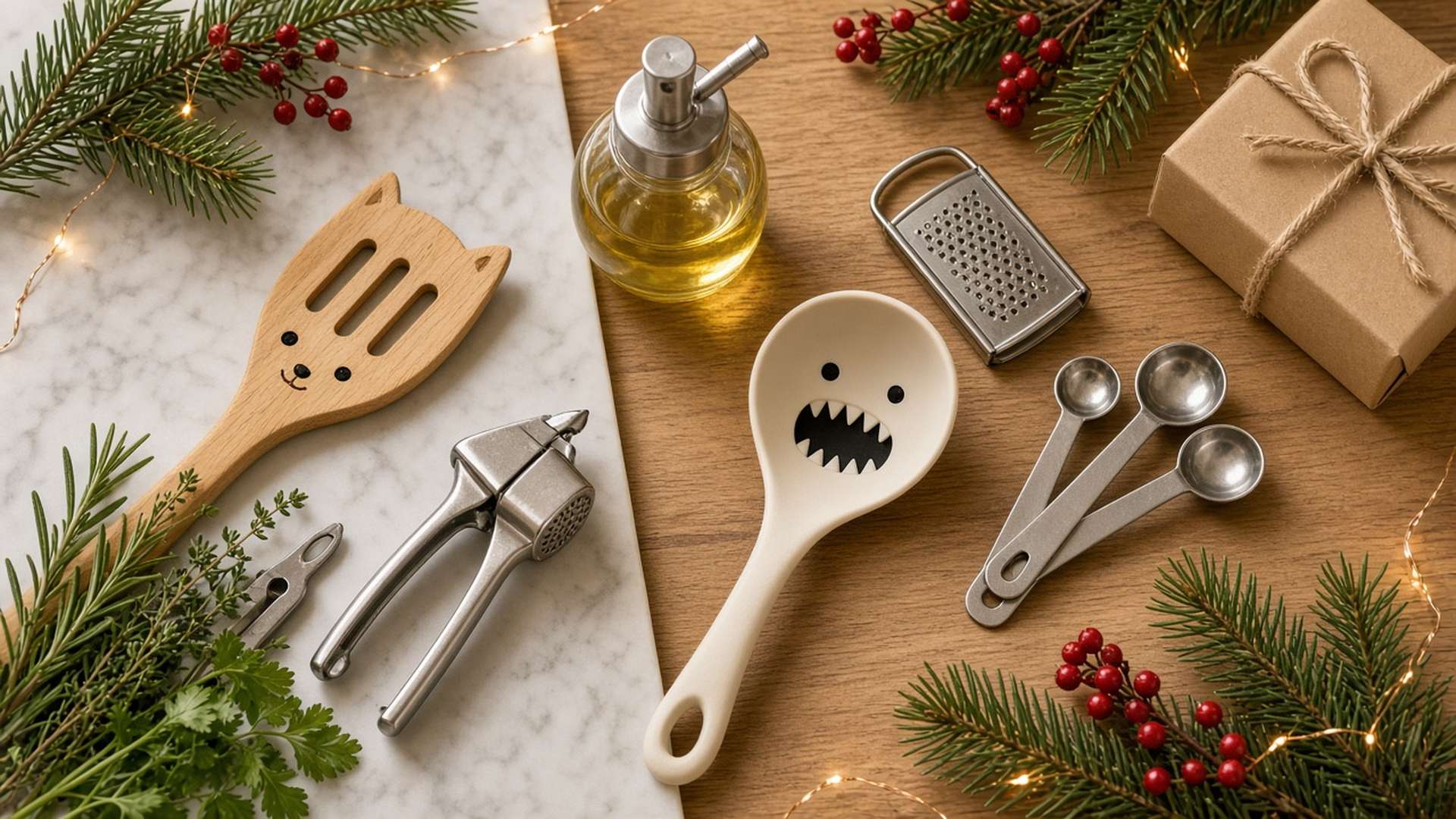 Flat-lay of fun cooking utensils with festive pine and berries on a kitchen counter