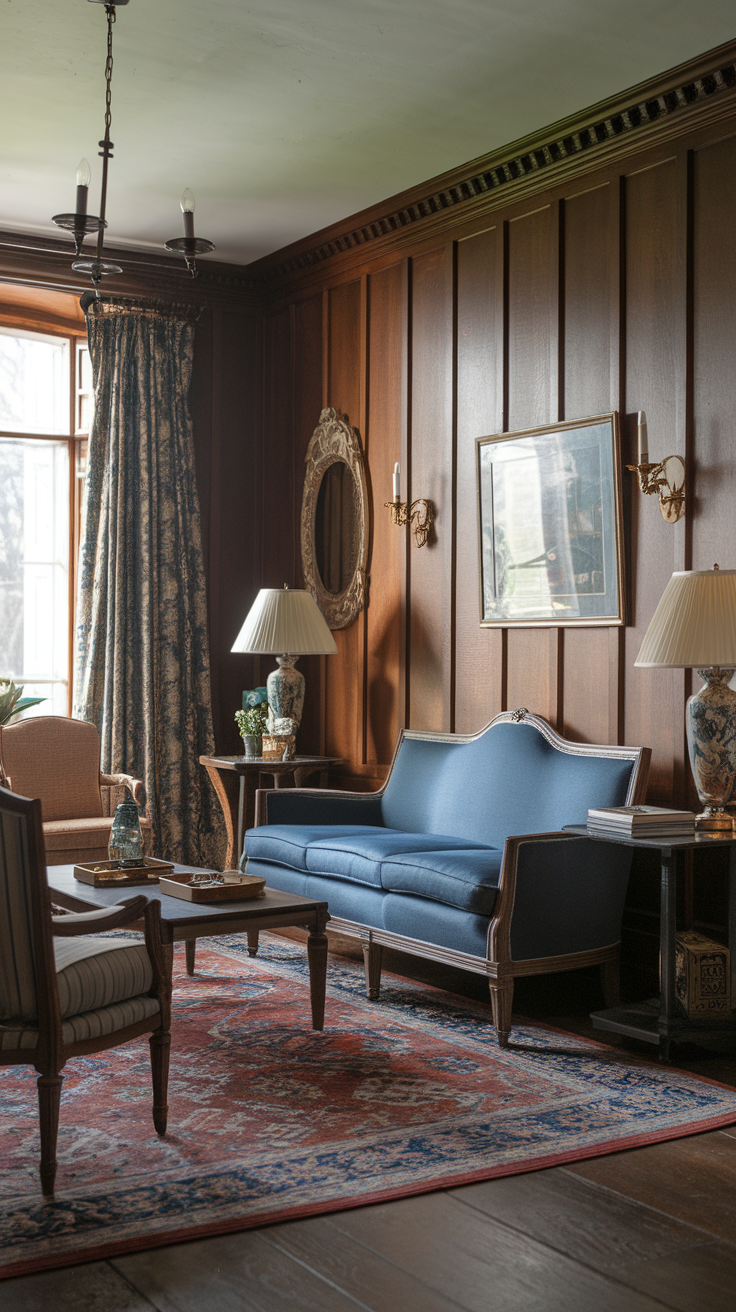 Cozy traditional living room featuring antique accessories like a vintage vase, ornate mirror, and classic lamps.