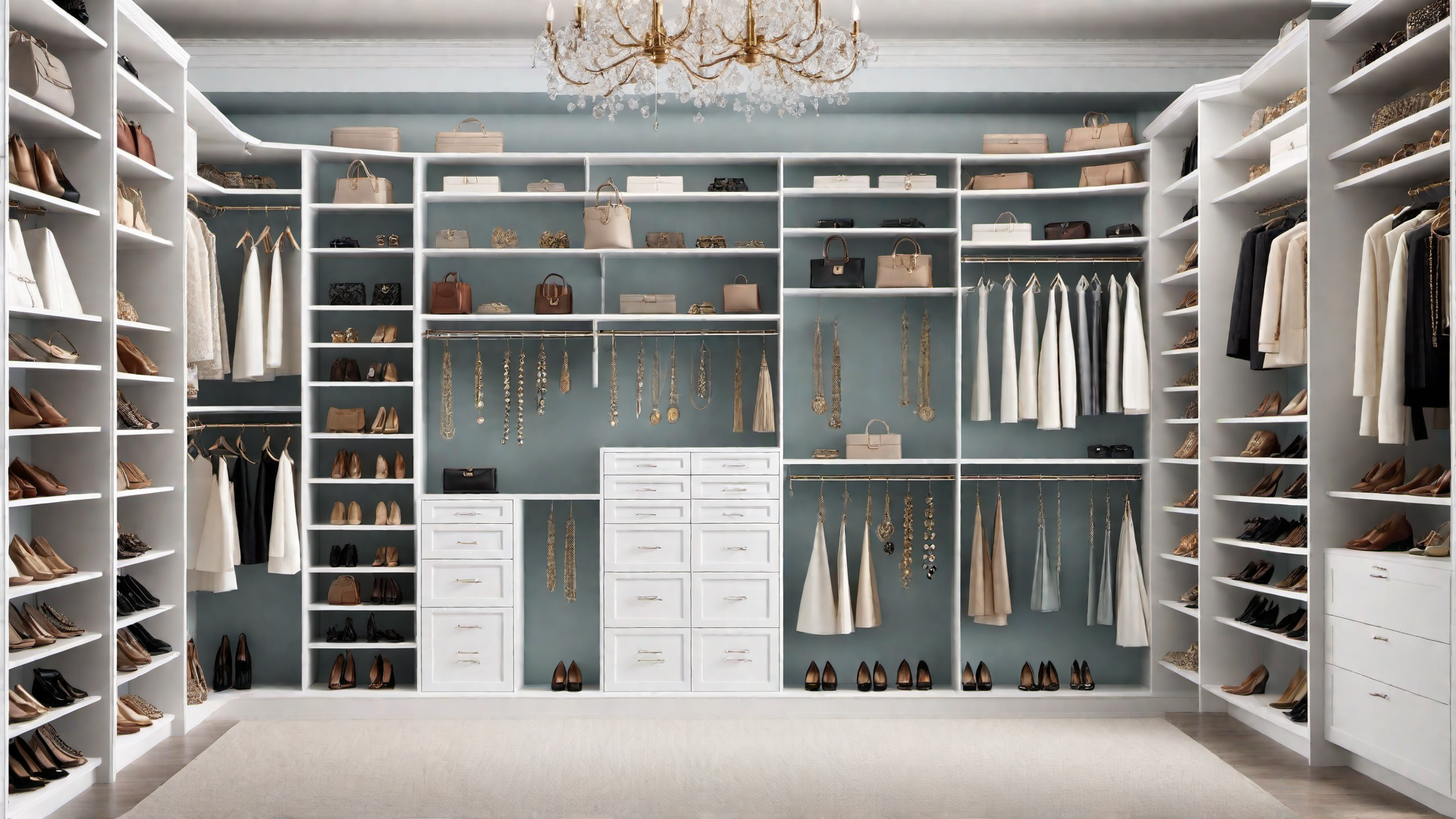 White Walk-in Closet with Shoe Racks and Jewelry Storage