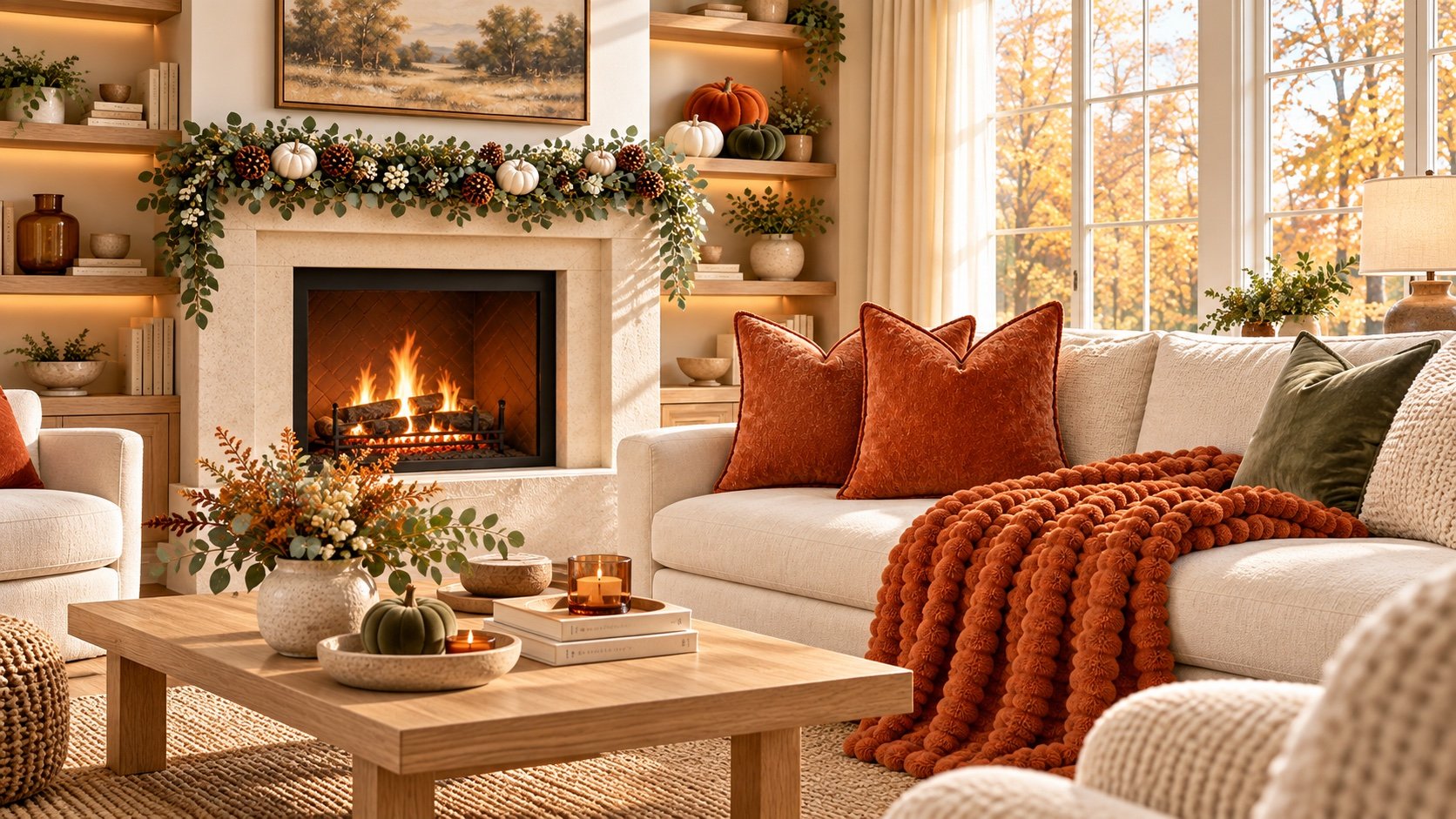 Warm fall living room with rust pillows, burnt orange throw, eucalyptus mantel garland and velvet pumpkins