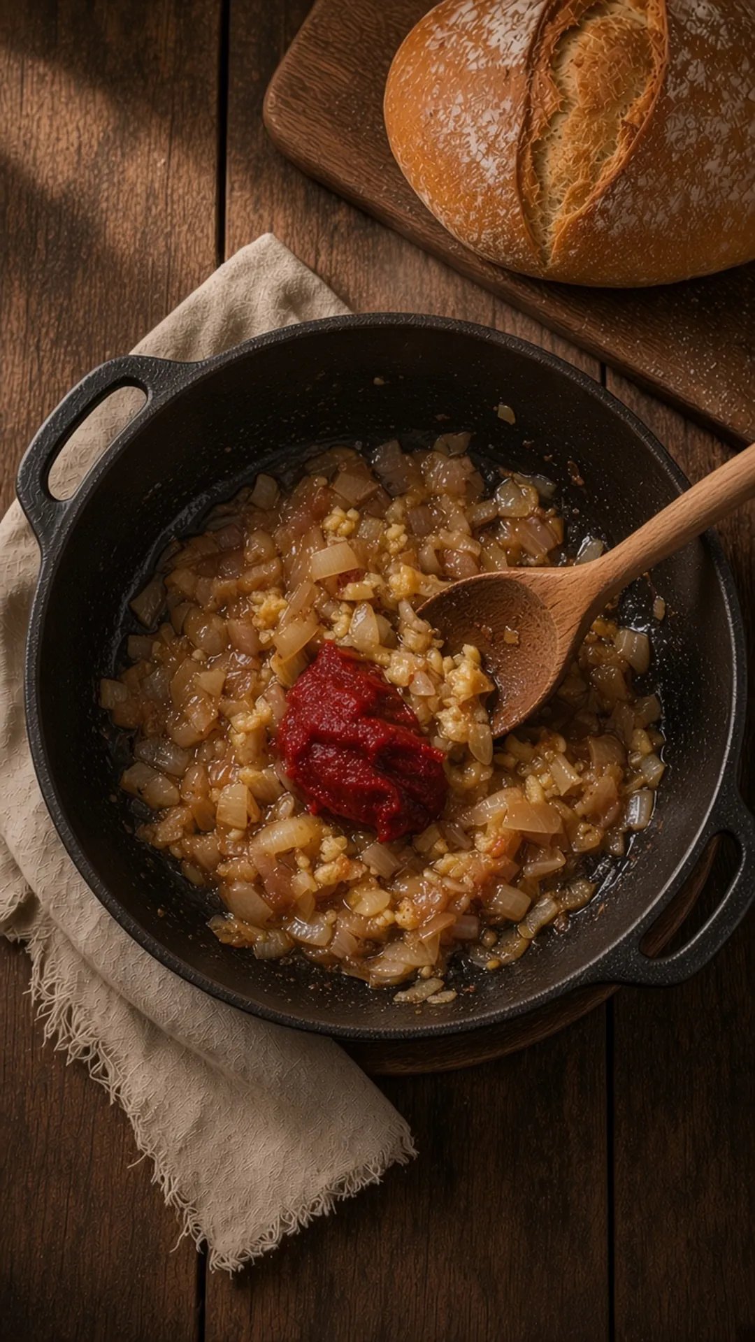 Softened onions, garlic and tomato paste in a cast iron Dutch oven