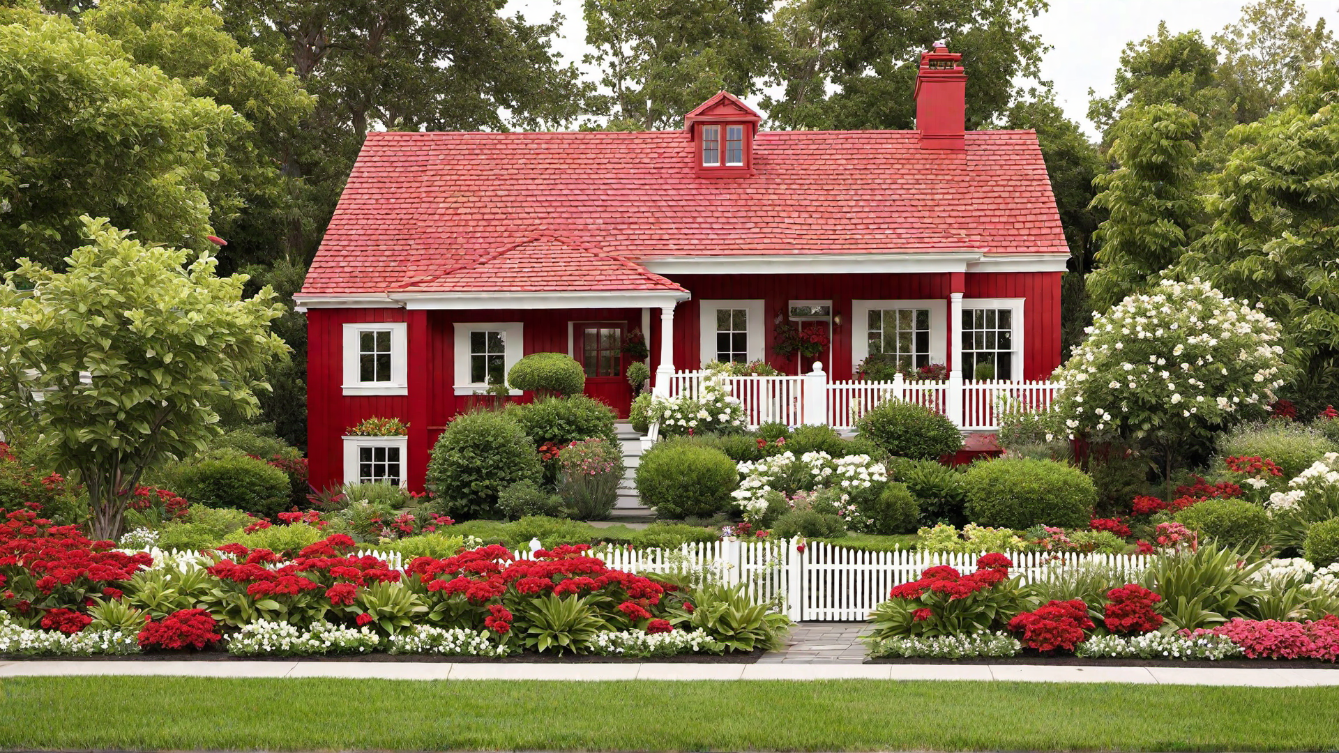Red Cottage with White Picket Fence