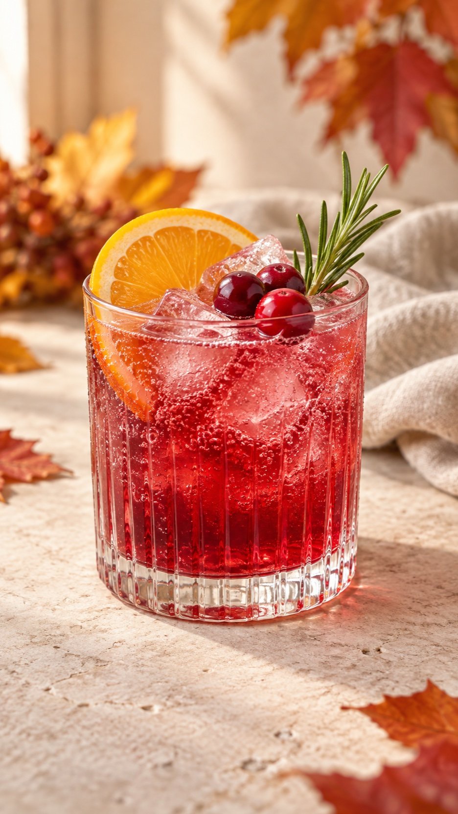 Cranberry orange rosemary fizz in a ribbed glass