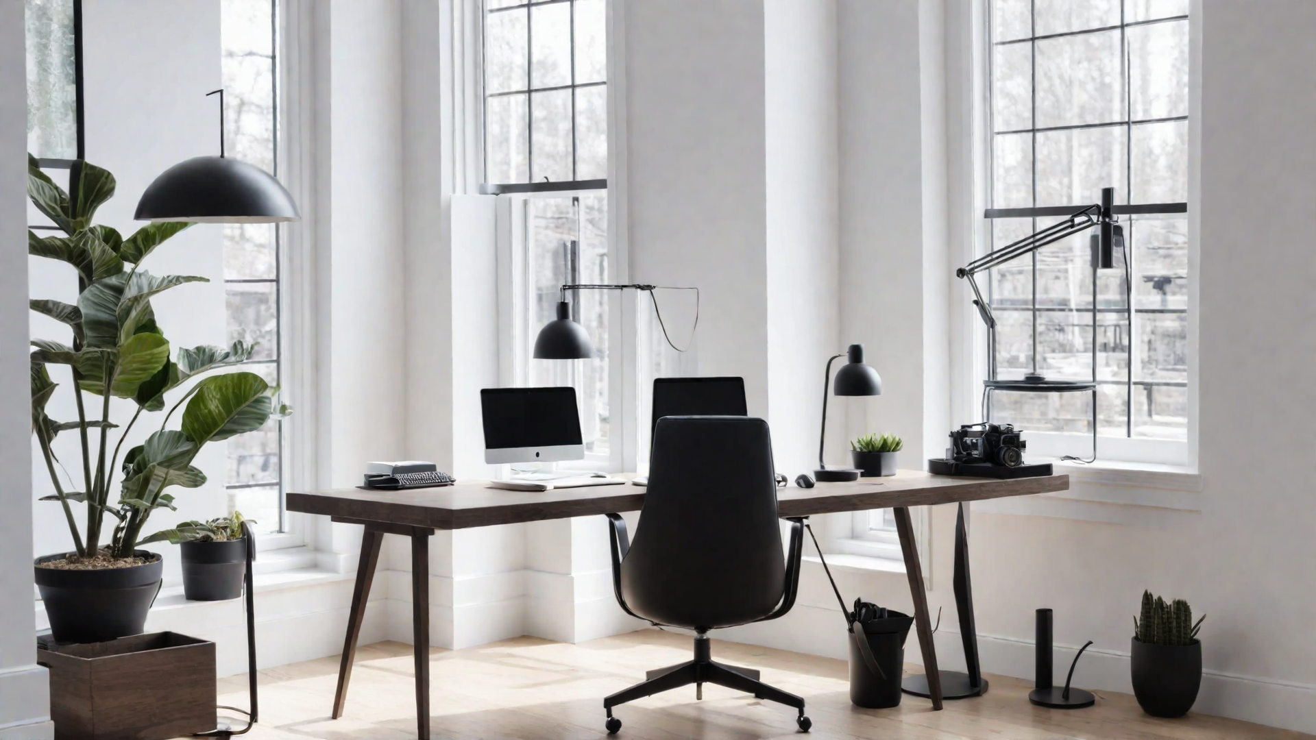 Desk Setup in Front of Large Windows