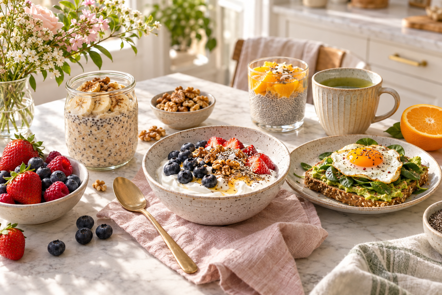 Sunlit breakfast spread with berry yogurt, overnight oats, citrus chia pudding, avocado egg toast, walnuts, and green tea