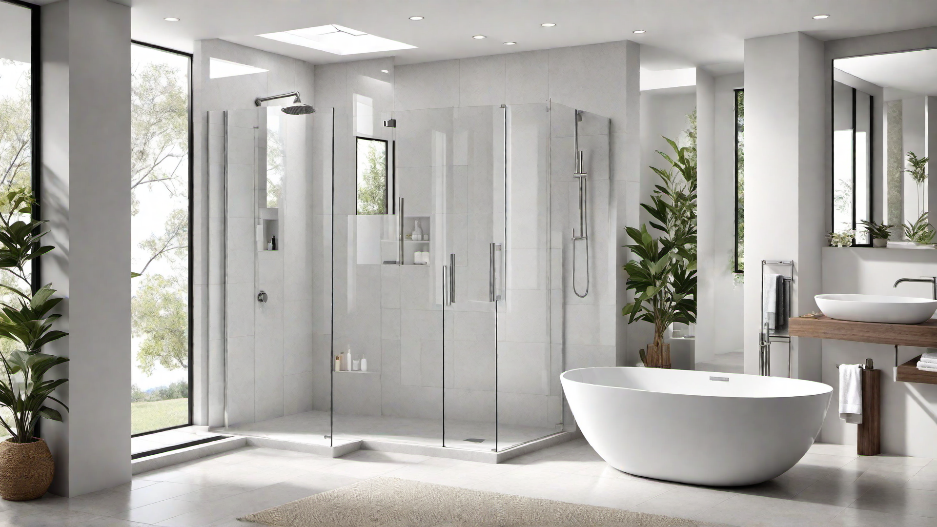 Contemporary White Bathroom with Soaking Tub and Glass Shower