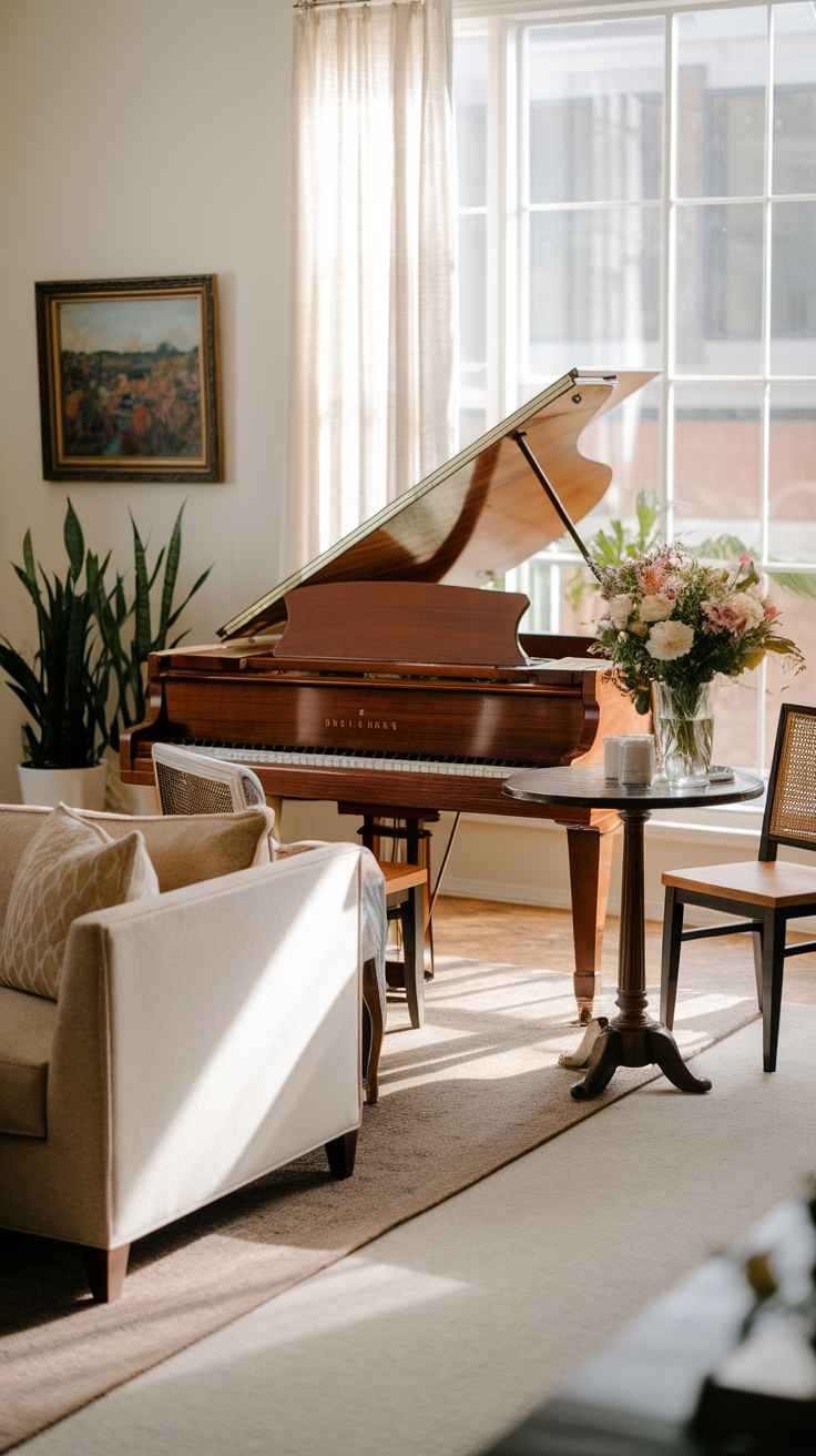 A grand piano in a cozy living room setting with a bouquet of flowers and comfortable seating.
