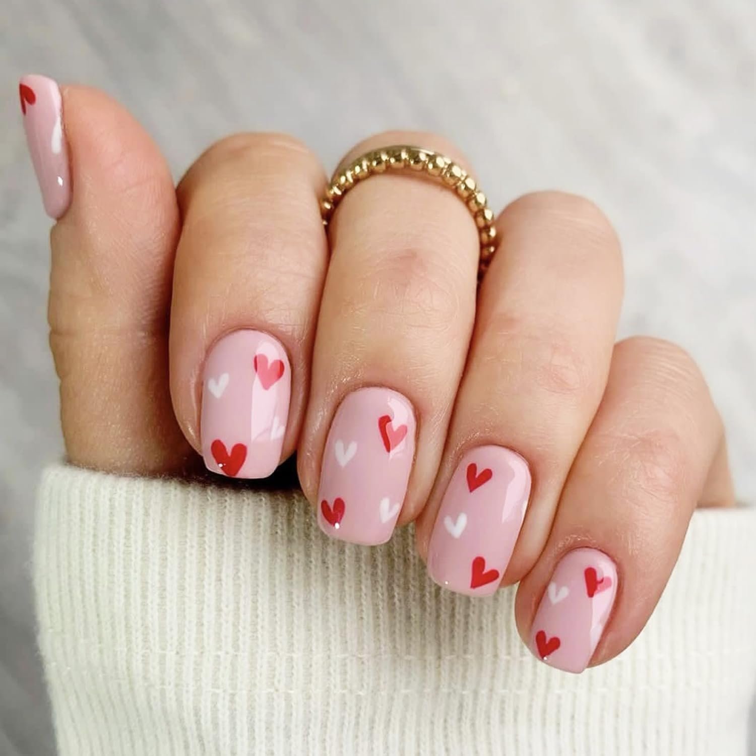 24Pcs Pink Love Heart Valentine's Day Press on Nails Square Short Fake Nails Full Cover Cute Heart Acrylic Nails French Designs Coffin Nails for Women and Girls Nail Decoration Love heart nails-16