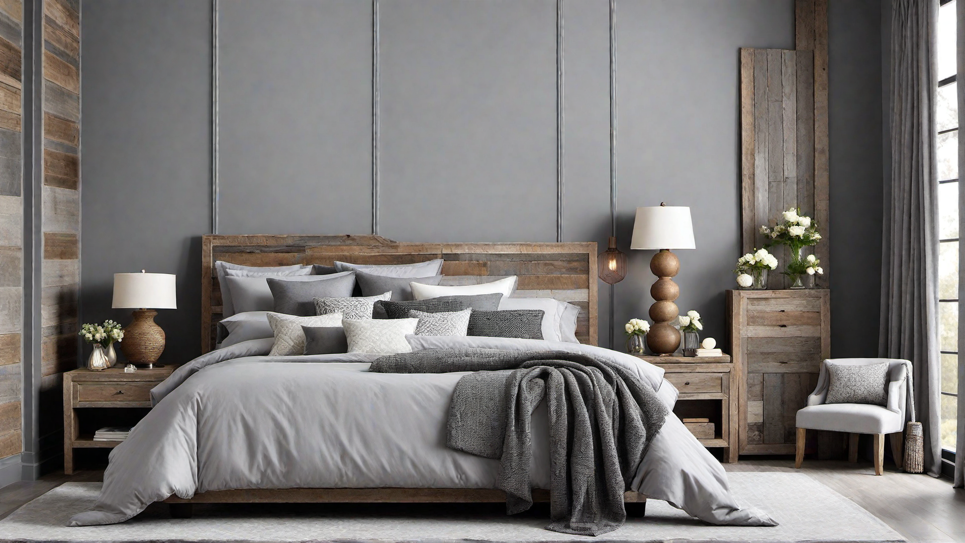 Rustic Charm in a Grey Bedroom with Wooden Elements