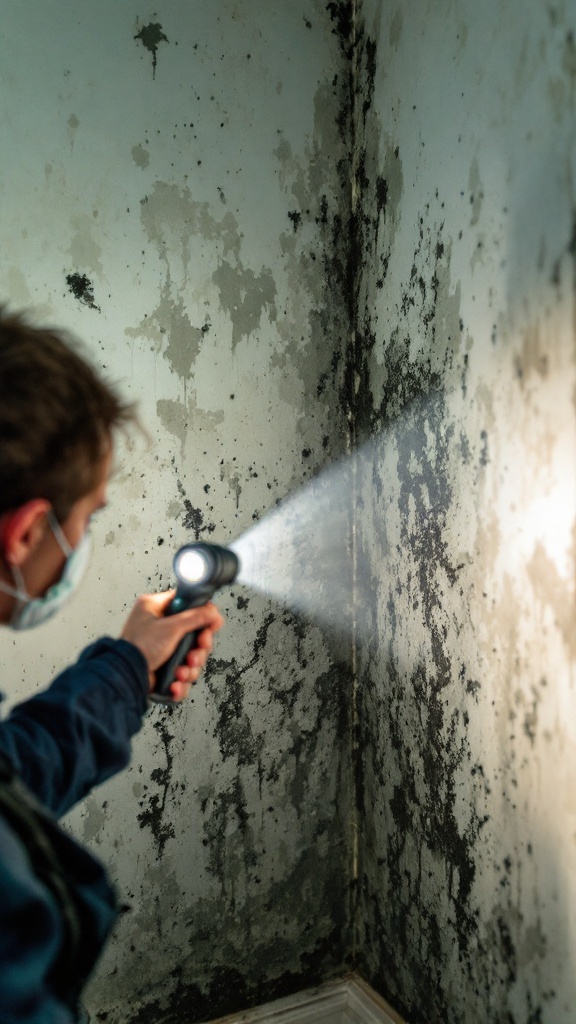 A person inspecting a wall with visible mold growth while holding a flashlight.