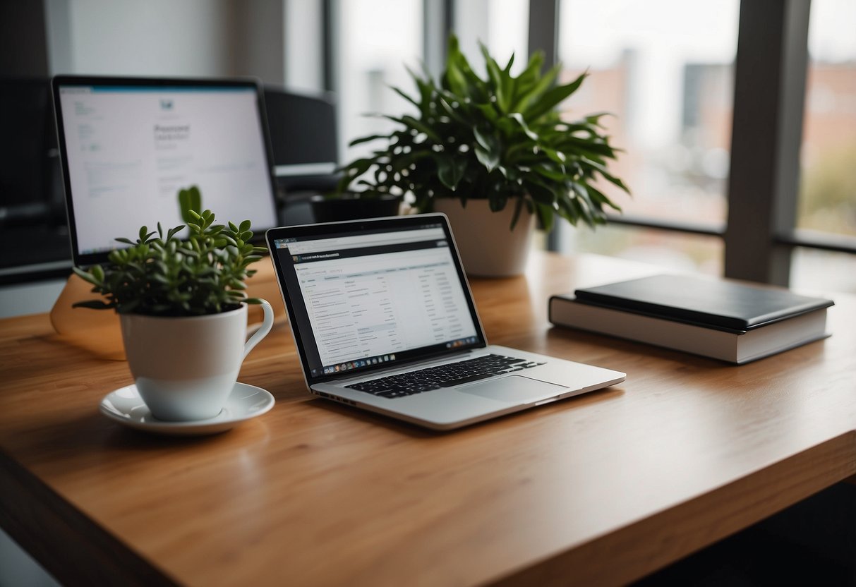 A modern office desk with a laptop, financial documents, and a Real Estate Women's Guide book. A cup of coffee and a plant add a touch of warmth to the professional setting