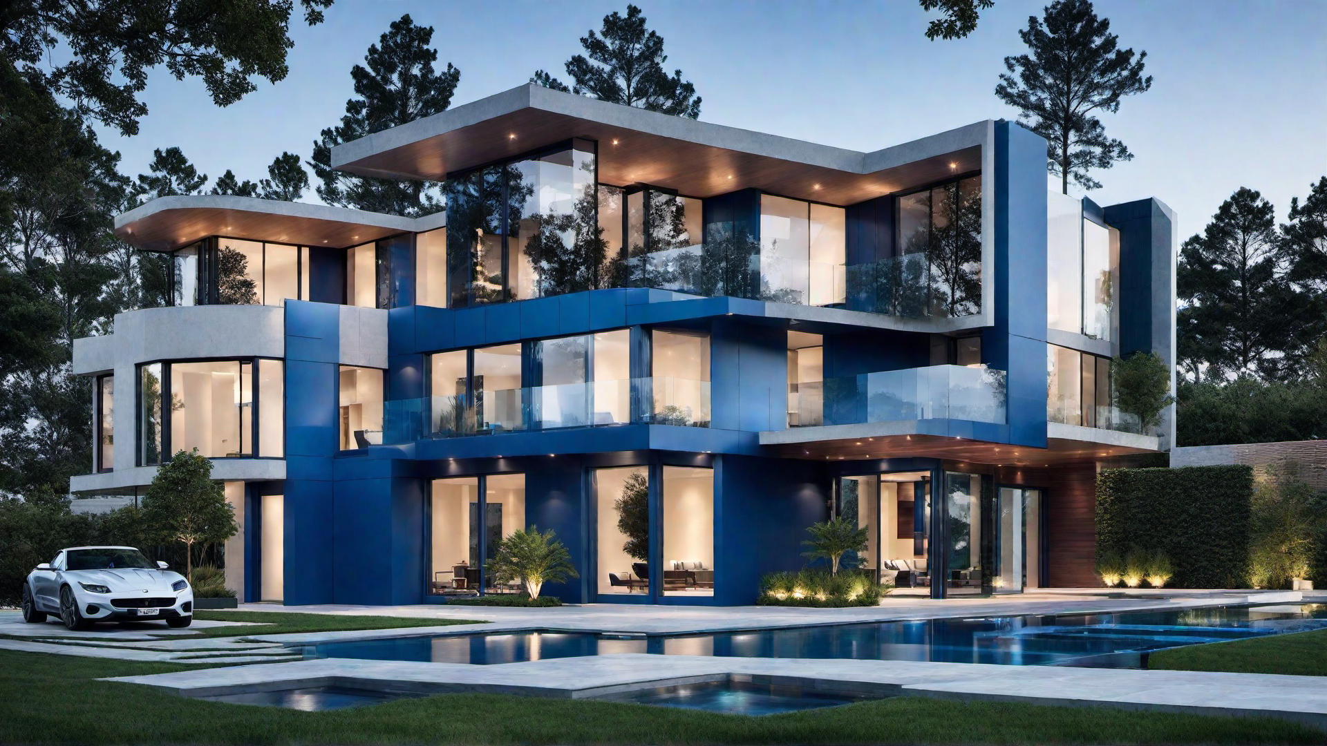 Contemporary Blue Home with Glass Facade