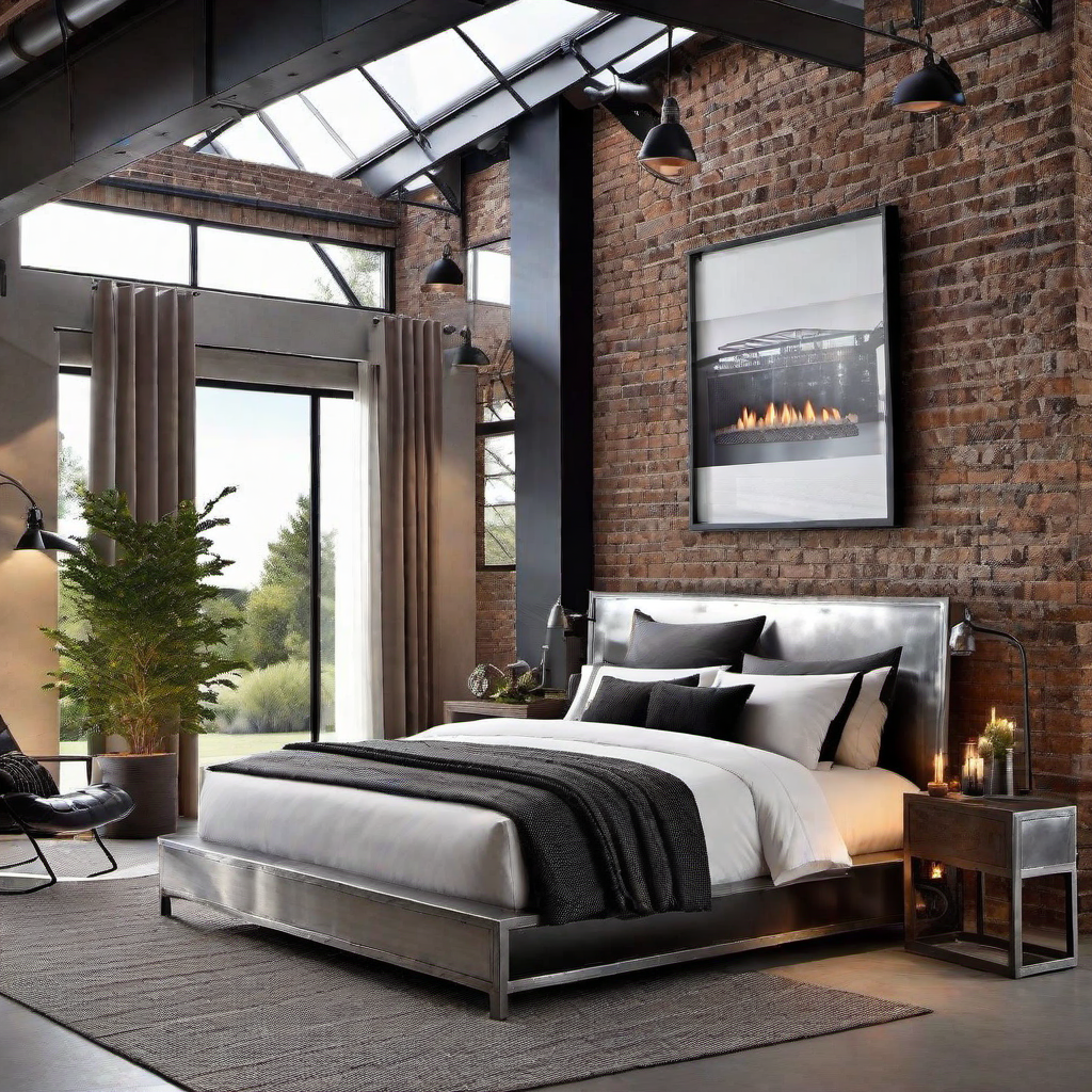 Industrial Bedroom Fireplace: Metal Surround