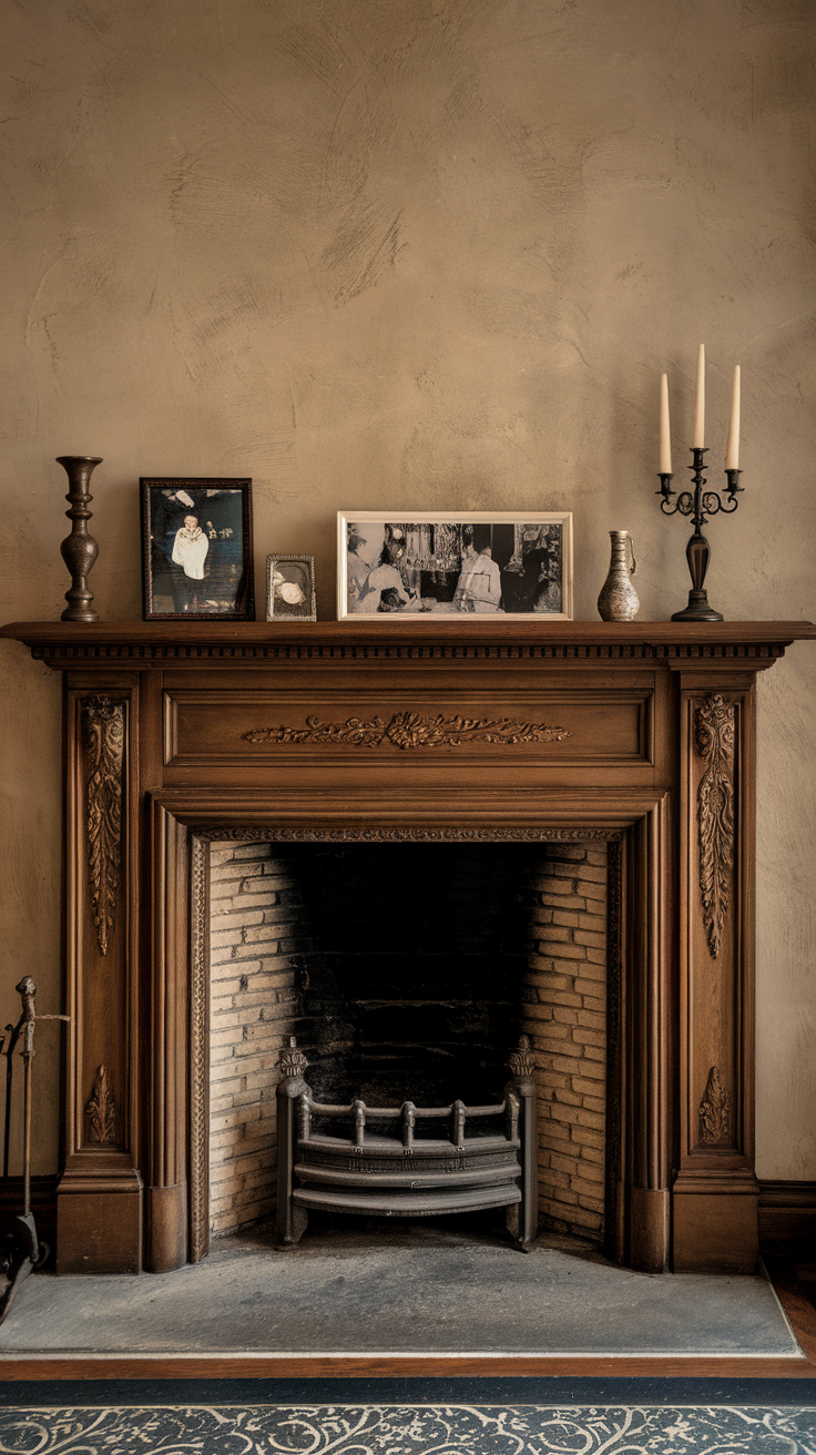 A decorative fireplace mantel with vintage photos and candles.