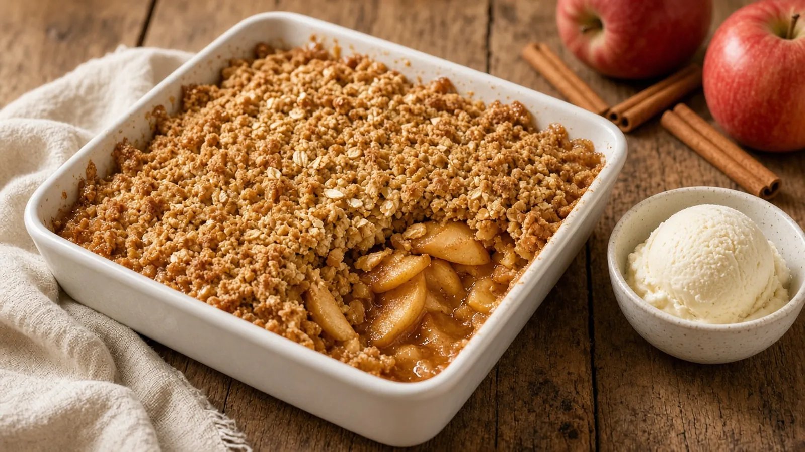 Baked apple crisp with golden oat topping in a white baking dish with vanilla ice cream