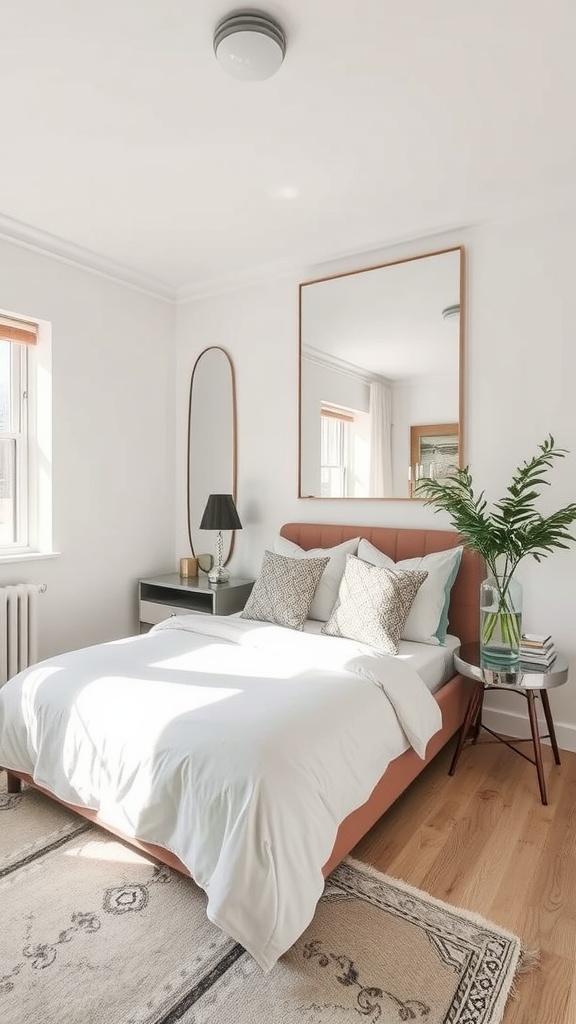 A small bedroom with a bed, warm wooden furniture, and a large mirror reflecting light.