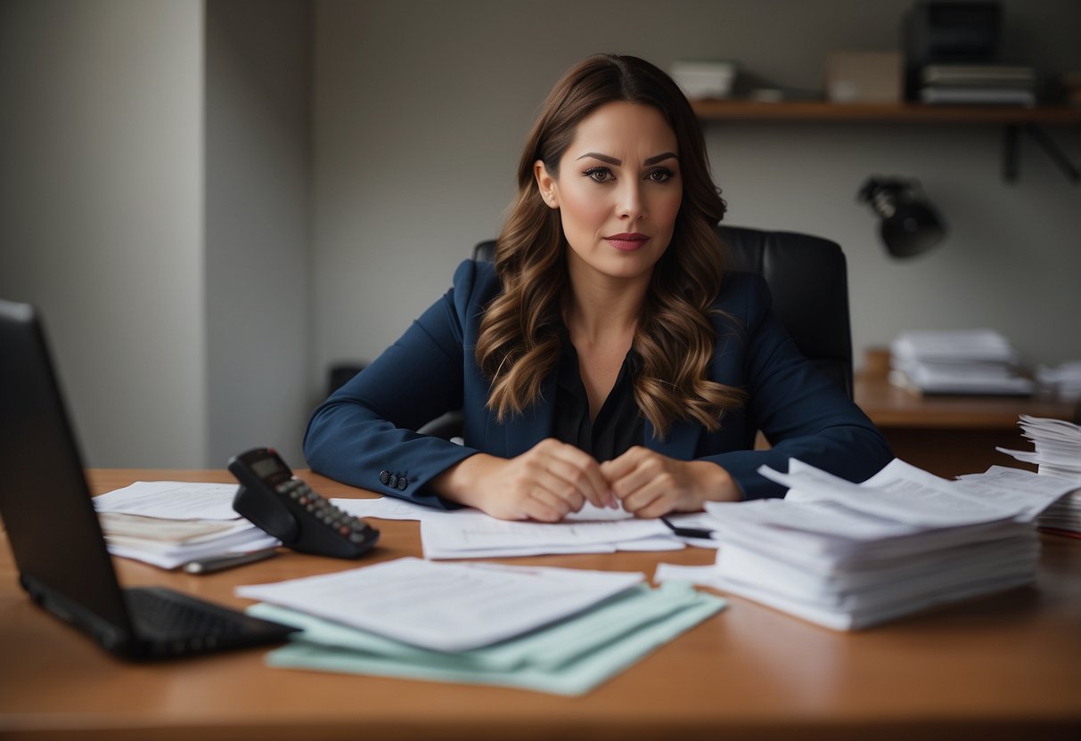 A woman sits at a desk, organizing bills and creating a budget. She has a determined look on her face as she calculates her expenses and sets financial goals