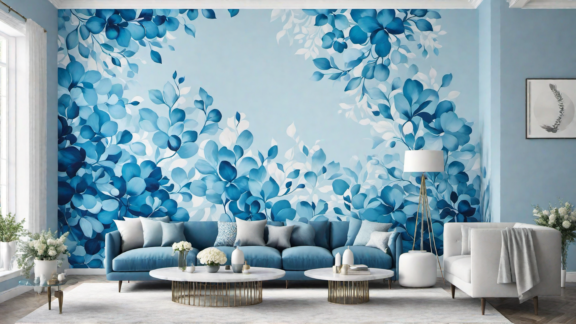 Artistic Blues: Blue Wall Mural in the Living Room