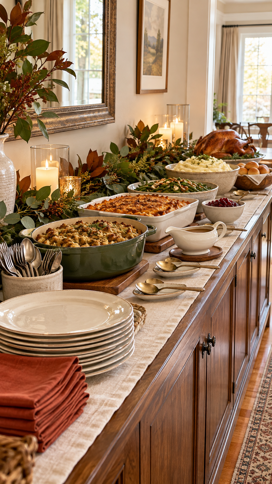 Thanksgiving buffet table with plates and folded napkins at one end, serving dishes in the middle, and utensils at the other end
