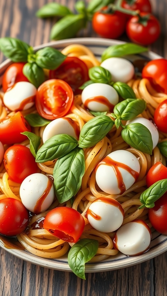 A vibrant Caprese Pasta Salad featuring cherry tomatoes, mozzarella balls, and basil drizzled with balsamic glaze.
