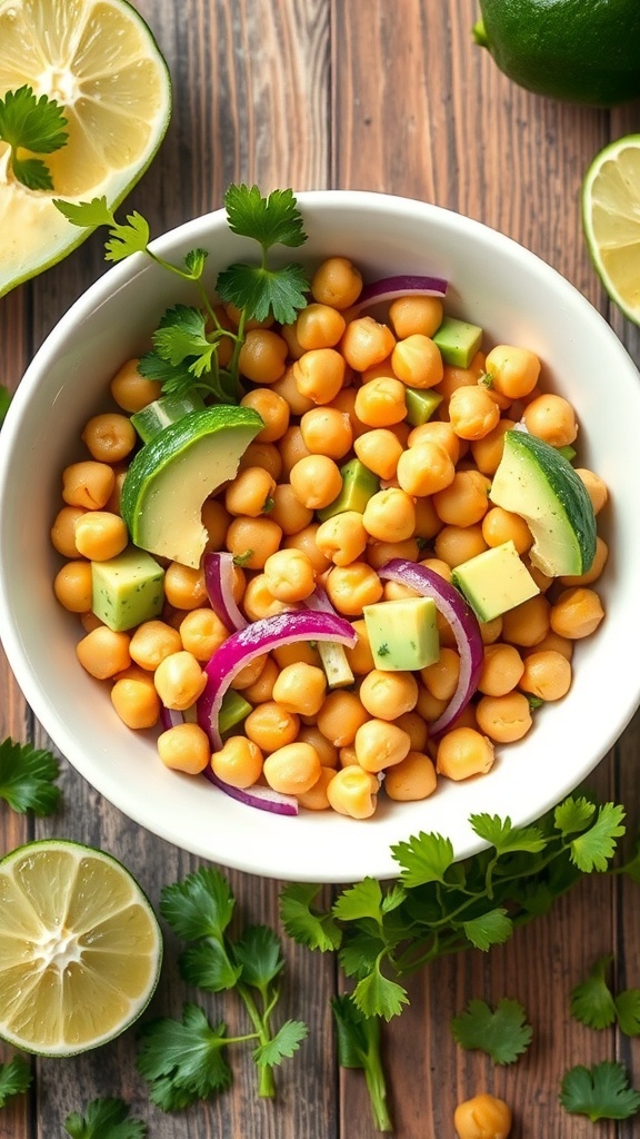 A delicious chickpea salad with avocado and lime served in a white bowl, surrounded by lime halves and fresh cilantro
