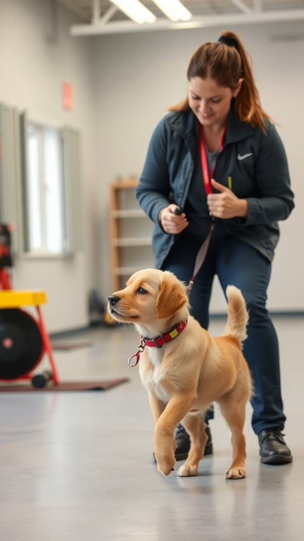 A woman training a puppy in a bright indoor space.