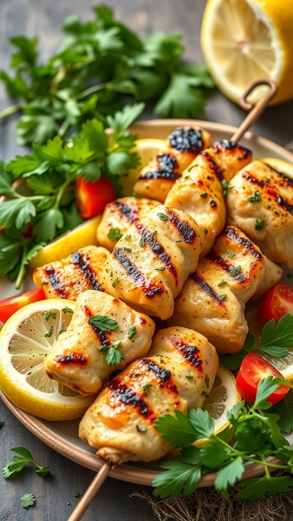 Grilled lemon herb chicken skewers garnished with parsley and served with lemon slices and cherry tomatoes.