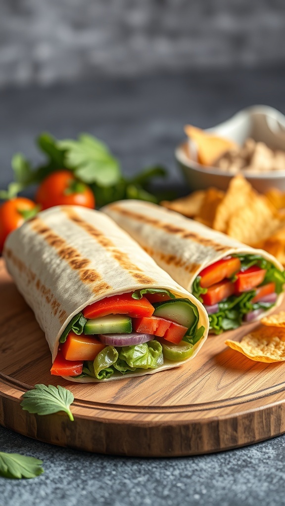 Grilled vegetable and hummus wraps with tortilla and fresh veggies