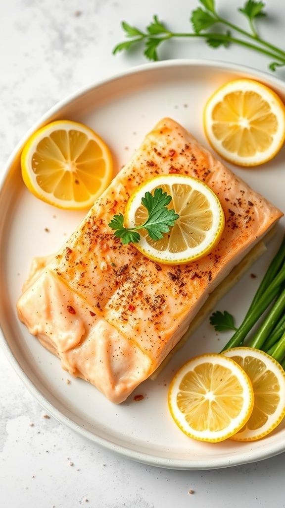 Lemon Garlic Butter Salmon with fresh herbs and lemon slices
