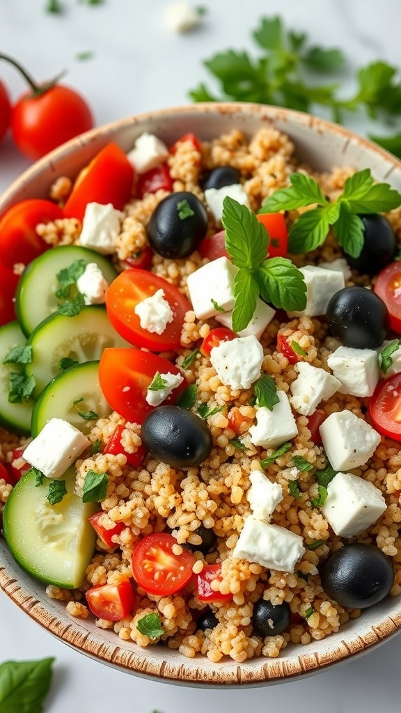 A colorful Mediterranean quinoa bowl featuring cucumbers, cherry tomatoes, black olives, and crumbled feta cheese.