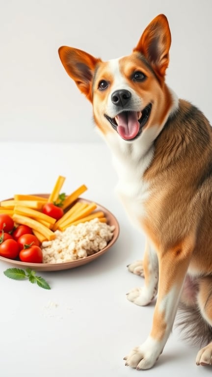 A happy dog sitting next to a plate of fresh vegetables and cheese.