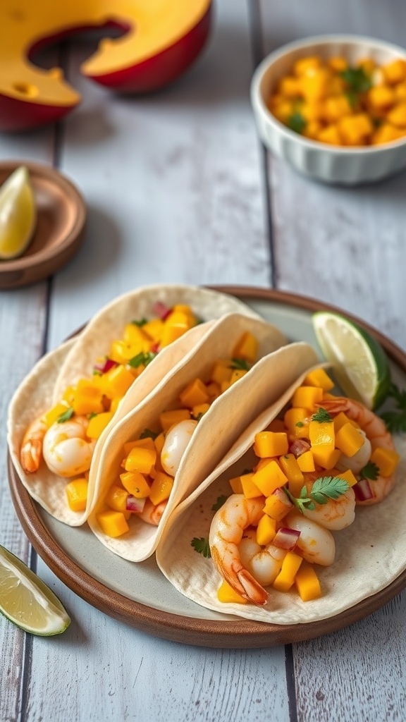 Delicious shrimp tacos with mango salsa served on a plate.