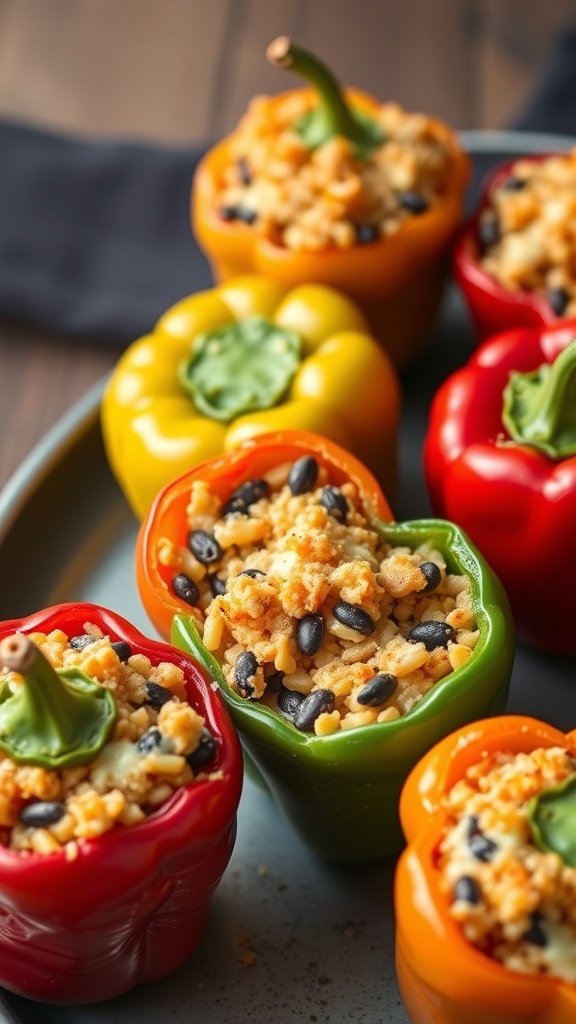 Colorful stuffed bell peppers filled with rice and beans