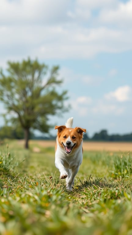 A happy dog running through a grassy field under a blue sky.