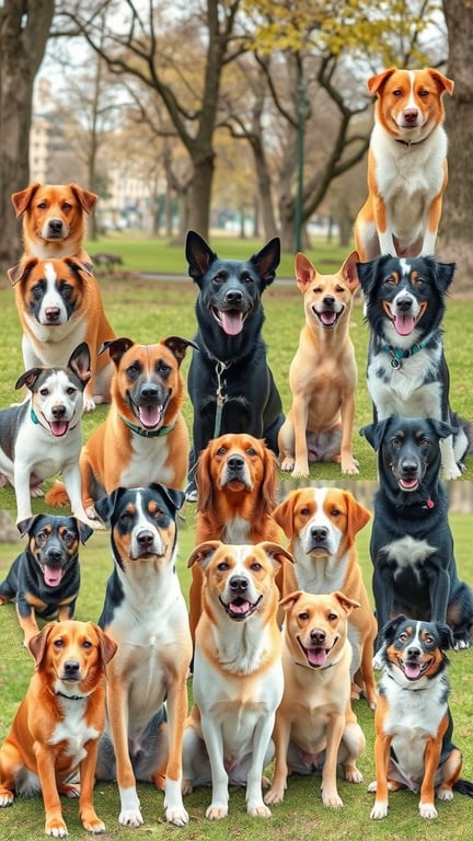 A group of various dog breeds sitting together in a park.