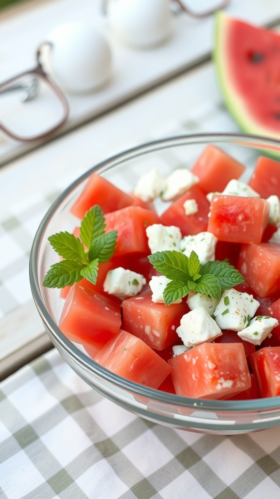 A bowl of watermelon and feta salad with mint leaves on top.