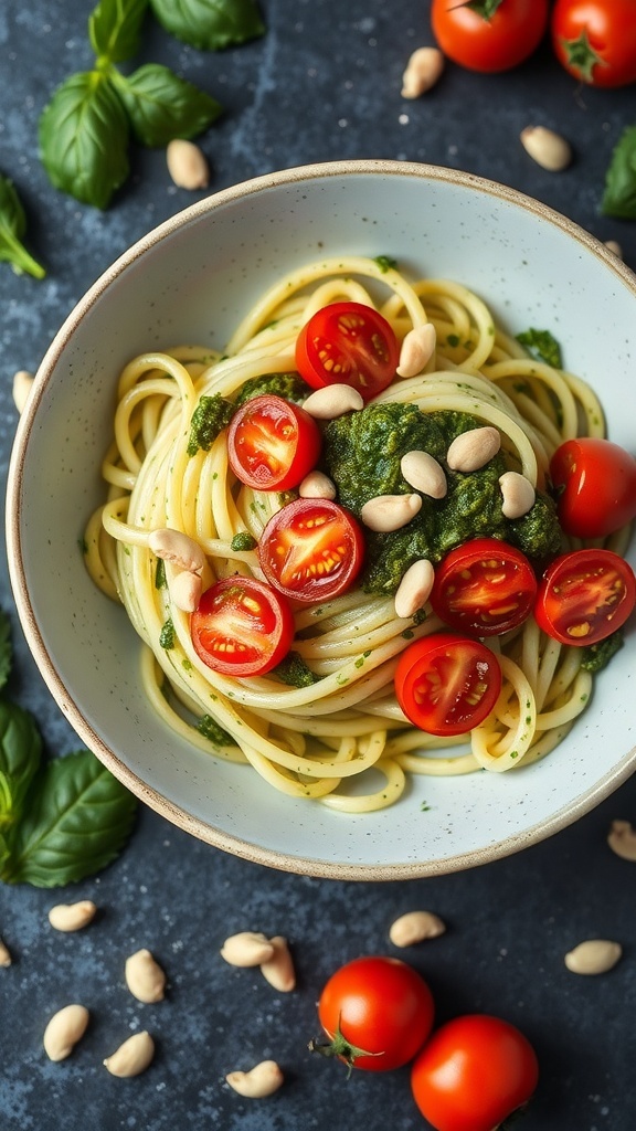 A bowl of zucchini noodles with pesto and cherry tomatoes, garnished with peanuts and fresh basil.