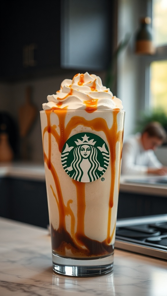 A delicious coffee frappuccino topped with whipped cream and caramel sauce.