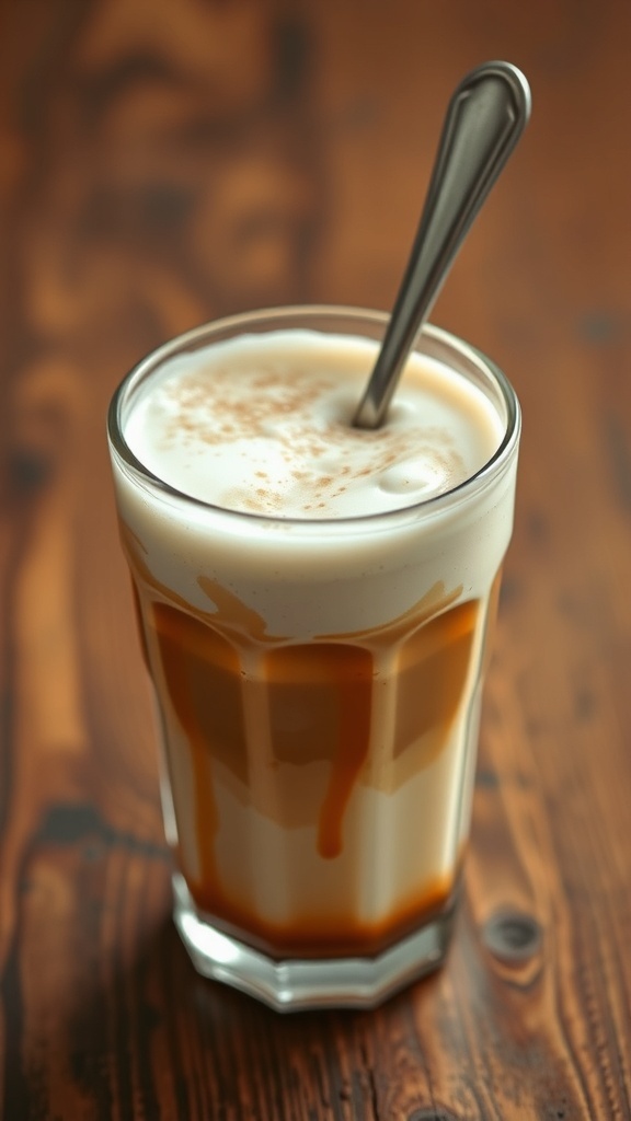 A glass of Greek frappe coffee with a spoon