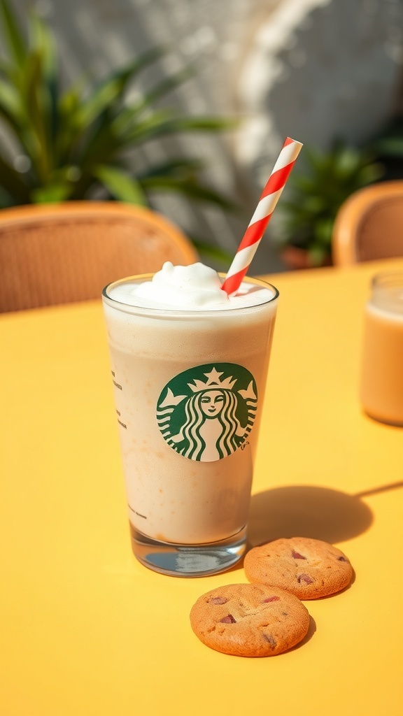 A refreshing homemade coffee frappuccino with a straw and cookies.