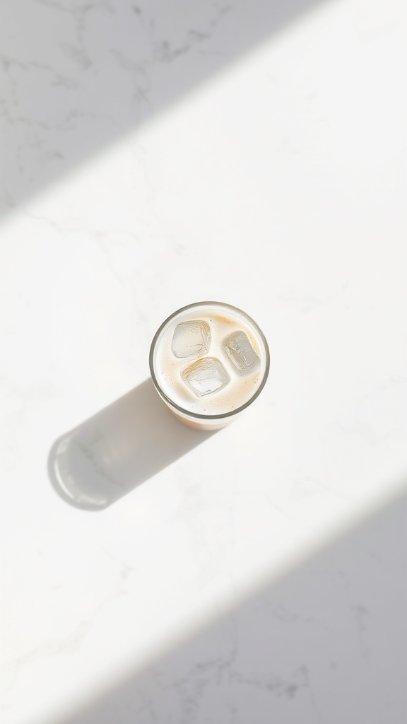 A glass of iced Greek frappe on a marble surface.