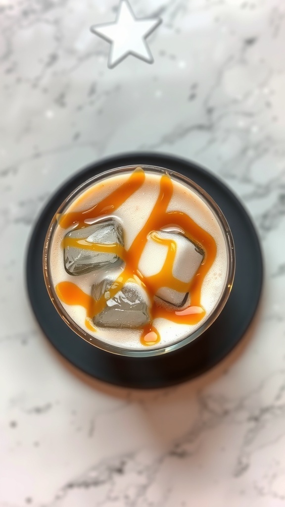 A top view of an iced caramel latte with ice cubes and caramel drizzle.