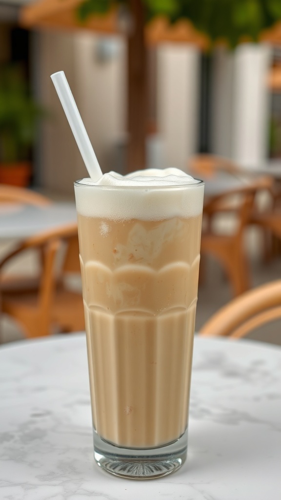 A refreshing Greek frappe in a tall glass with a straw.