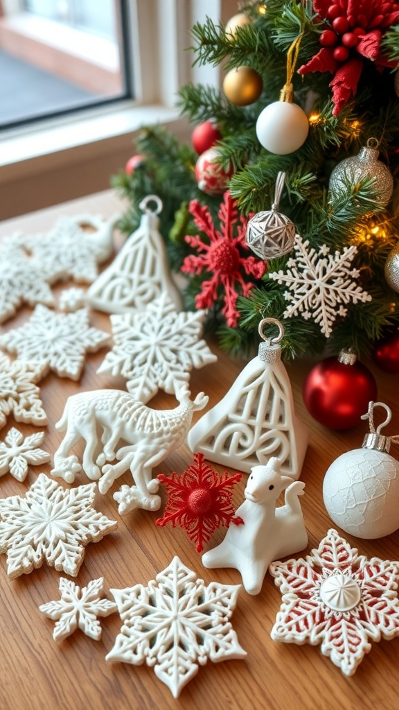 A collection of 3D printable Christmas ornaments including snowflakes, reindeer, and festive shapes, displayed near a decorated Christmas tree.