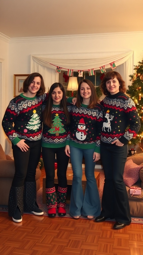 Four friends wearing 70s inspired holiday sweaters in a cozy living room decorated for Christmas.