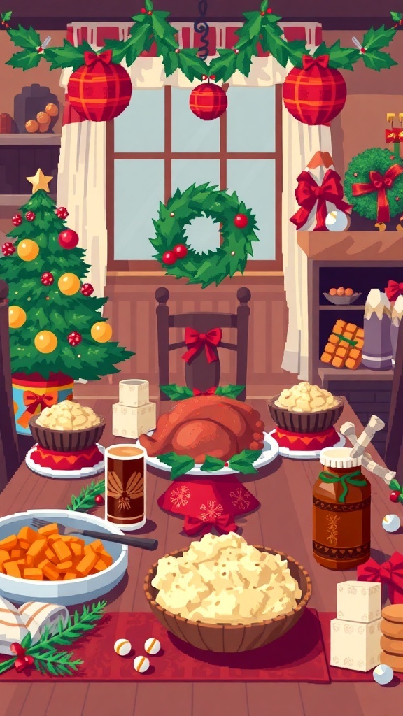 A cozy 8-bit style holiday feast with a table set for Christmas, featuring roast turkey, mashed potatoes, and festive decorations.