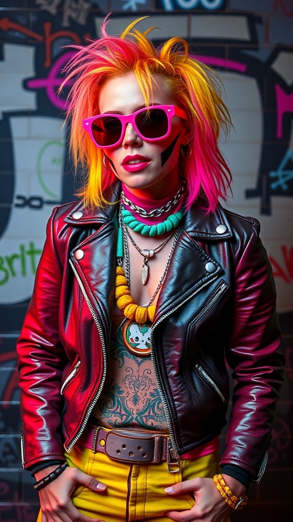 A woman in a neon punk rocker outfit with bright hair, sunglasses, and a leather jacket.