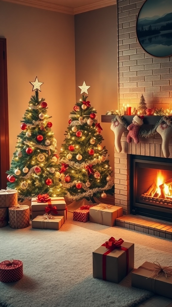 Two Christmas trees decorated with lights and ornaments beside a cozy fireplace with gifts underneath.